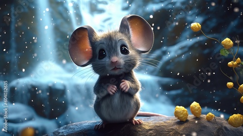 mouse in the night, Super cute mouse, cute, waterfall, snowfall, high definition, 32k uhd, wallpaper, Generative AI