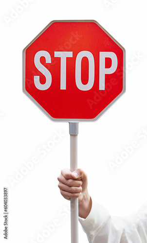 Red stop sign, traffic warning octagon, on isolated white background, stop symbol, prohibition concept, stop gender violence, machismo, child abuse, stop war