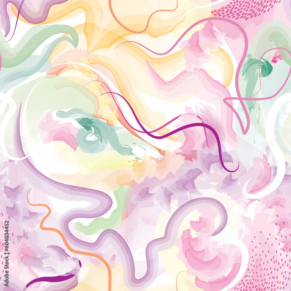 Abstract wavy lines. Watercolor drawing seamless pattern. Gentle multicolor texture. Endless pattern in bright spring style. Flowing waves abstraction. Modern background graphics.