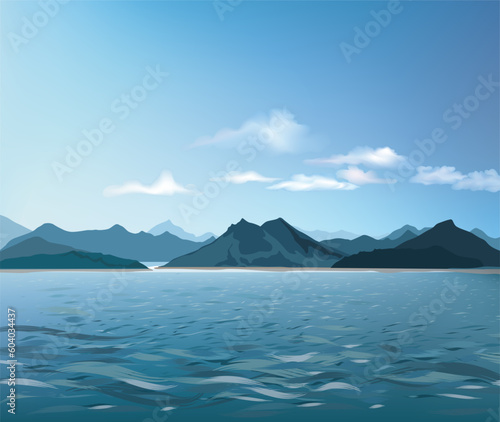Nature landscape. Mountains, hills and sea rural skyline. Lake Lagoon resort view background