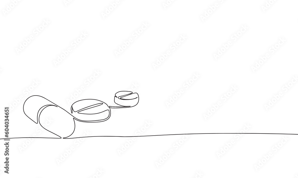 Pills, one line continuous. Line art outline vector illustration of medicine