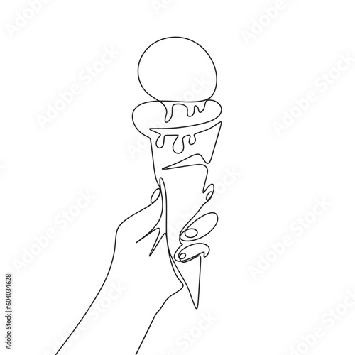 Ice cream gelato in hand, one line continuous. Line art outline vector illustration of street food