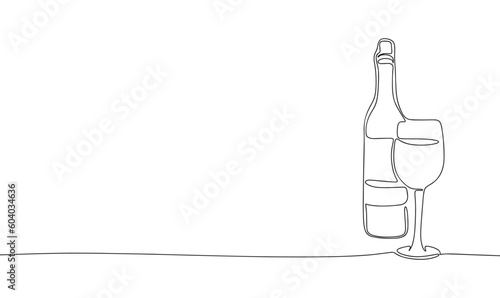 Bottle and glass of wine, one line continuous. Line art outline vector illustration of alcohol drink