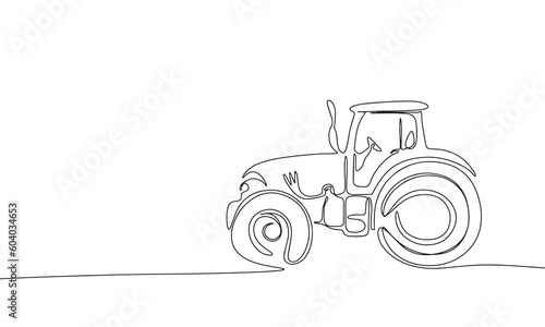 Tractor, one line continuous. Line art outline vector illustration of farm transport