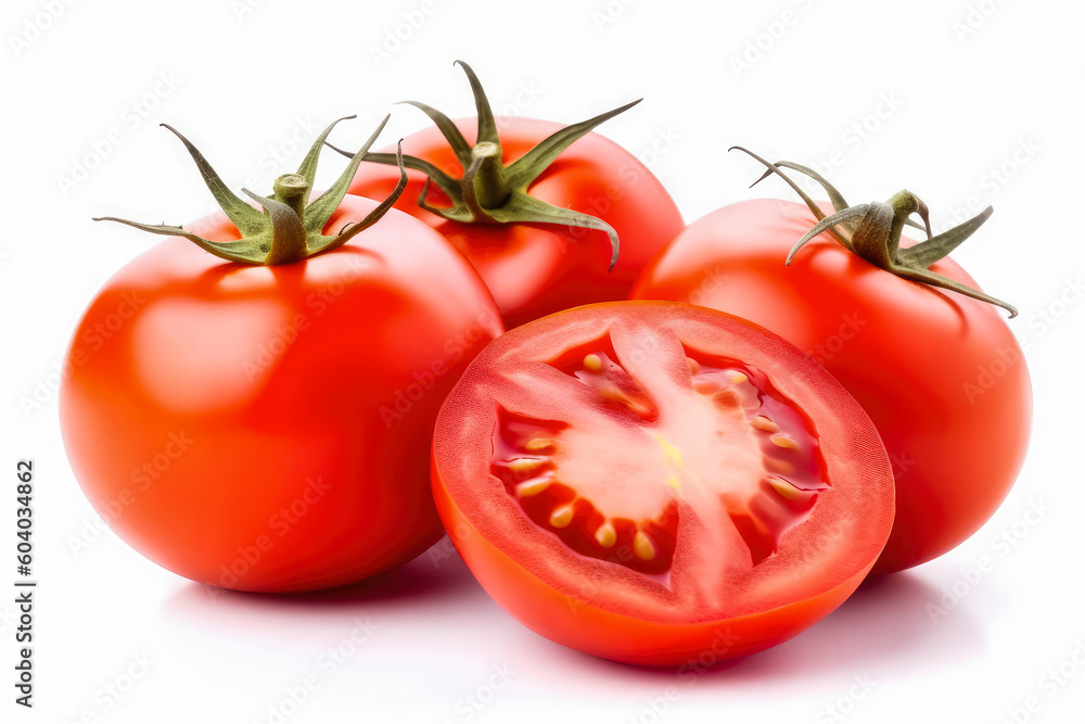 Fresh red tomatoes isolated on white background. Generative AI. Fresh red tomatoes isolated on white background. Generative AI.