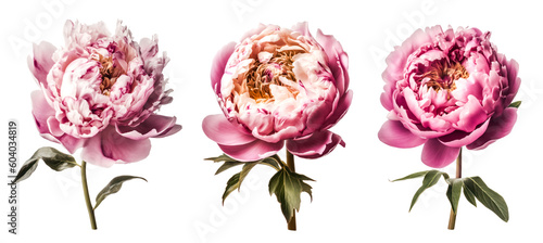set / collection of three lush pink peonies isolated over a transparent background, cut-out floral design elements for greeting cards, wedding stationery, posters and collages, generative AI