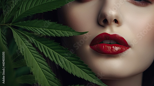 CBD cosmetics concept. Beautiful woman with a cannabis leaf on gray background Generative AI