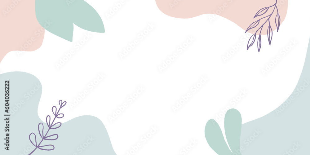 Abstract background with modern shapes and botanical line art and copy space. Hand drawn pink and green pastel color frame with leaves. Concept of nature, wellness, yoga practice, organic products. Abstract background with modern shapes and botanical line art and copy space. Hand drawn pink and green pastel color frame with leaves. Concept of nature, wellness, yoga practice, organic products.