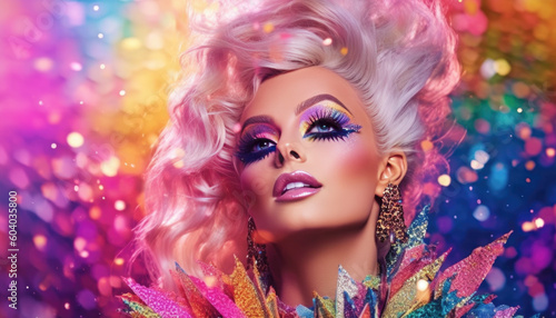 Drag Queen with heavy makeup andvibrant colors. LGBT pride festval concept. Generative AI illustrations