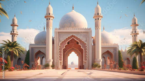 Photographie A 3d illustration of a mosque with a gate in the middle generative ai
