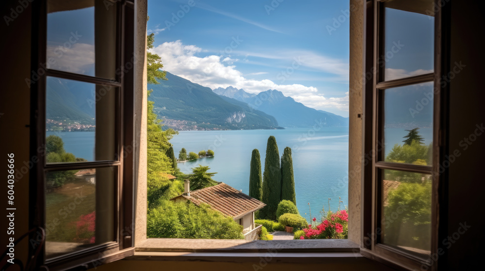 Lake and mountains view from open window in summer, travel, vacation, cozy mood, tranquil Lake and mountains view from open window in summer, travel, vacation, cozy mood, tranquil
