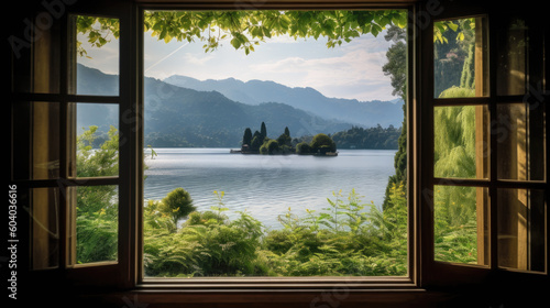 Lake and mountains view from open window in summer  travel  vacation  cozy mood  tranquil