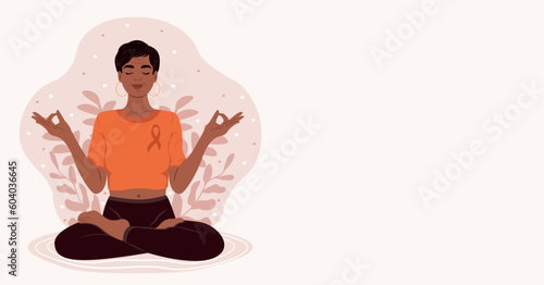 World Multiple Sclerosis Day banner. An elderly waman meditates to relieve the symptoms of multiple sclerosis.