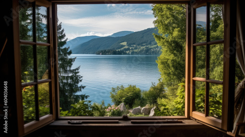 Lake and mountains view from open window in summer  travel  vacation  cozy mood  tranquil