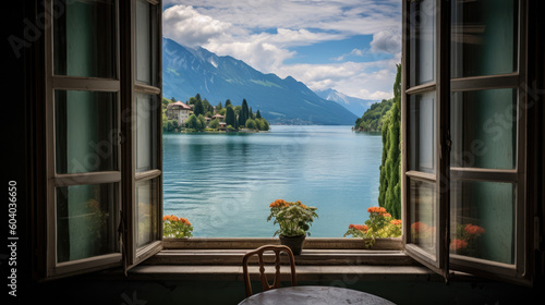 Lake and mountains view from open window in summer, travel, vacation, cozy mood, tranquil