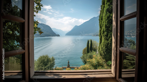 Fototapeta Lake and mountains view from open window in summer, travel, vacation, cozy mood, tranquil