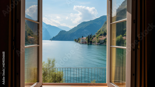 Lake and mountains view from open window in summer  travel  vacation  cozy mood  tranquil