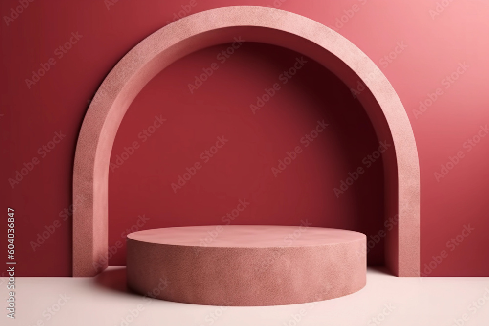 Pink and burgundy monochrom podium in arch, display background and natural shadow. Beauty product promotion mockup. Round stand for cosmetic products. Generative AI Pink and burgundy monochrom podium in arch, display background and natural shadow. Beauty product promotion mockup. Round stand for cosmetic products. Generative AI