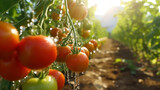 Automated watering tomatoes. The concept of a smart agricultural farm. Banner. Copy space. Generative AI