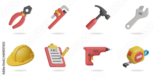 construction tools 3D vector icon set.
pliers,vernier caliper,hammer,wrench,safety helmet,clipboard,drill,tape measure