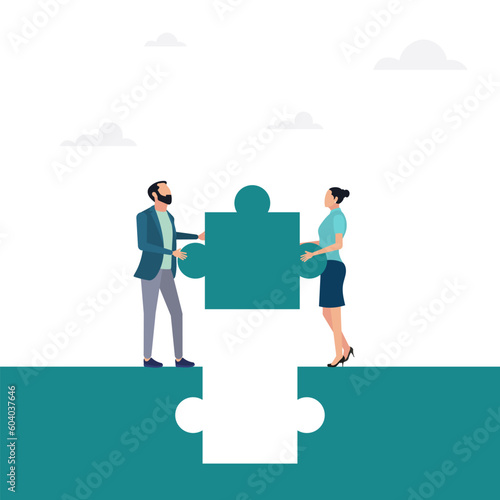Business concept. Team metaphor. The guy and the girl connect the elements of the puzzle. Vector illustration flat design style. Symbol of teamwork, cooperation, partnership.
