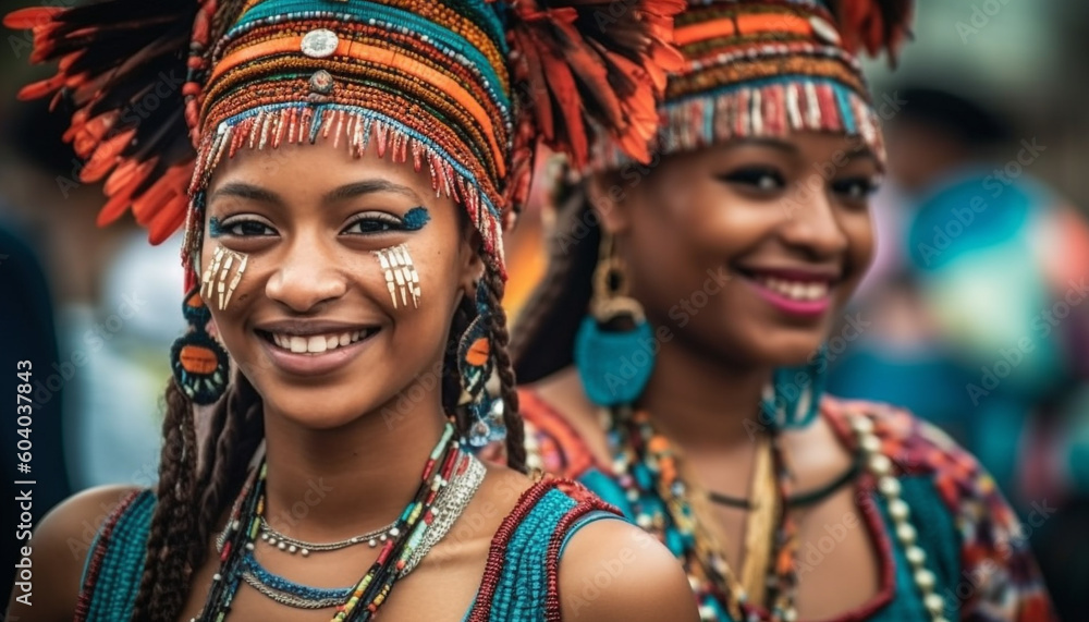 Smiling women in traditional clothing celebrate African culture generated by AI