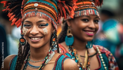 Smiling women in traditional clothing celebrate African culture generated by AI