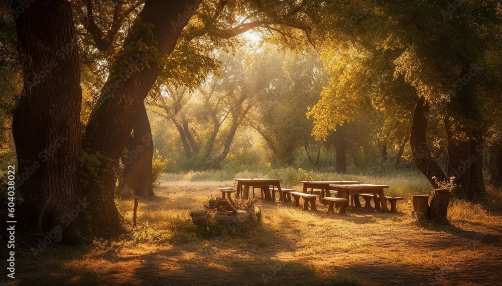 Tranquil autumn forest, sunlit meadow, old bench generated by AI