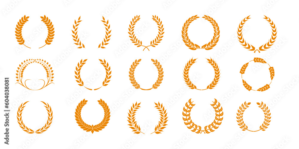 Collection of silhouettes of distinct golden and white foliate laurel, wheat and oak wreaths depicting award, achievement, coat of arms, nobility. Vector illustration. Collection of silhouettes of distinct golden and white foliate laurel, wheat and oak wreaths depicting award, achievement, coat of arms, nobility. Vector illustration.