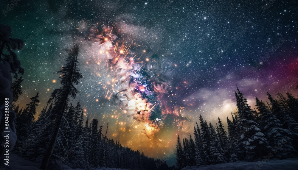 Glowing star field illuminates dark coniferous forest generated by AI