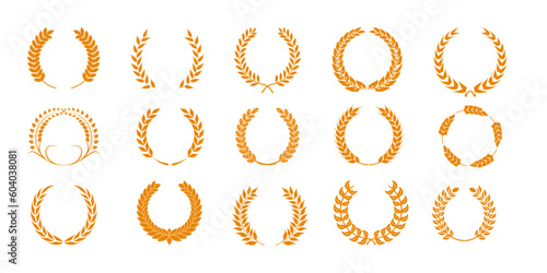 Collection of silhouettes of distinct golden and white foliate laurel, wheat and oak wreaths depicting award, achievement, coat of arms, nobility. Vector illustration.