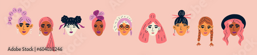Avatars of young women of different nationalities. Sisterhood concept is for Asians, African Americans, Latin Americans, Europeans and others. Cartoon vector illustration.