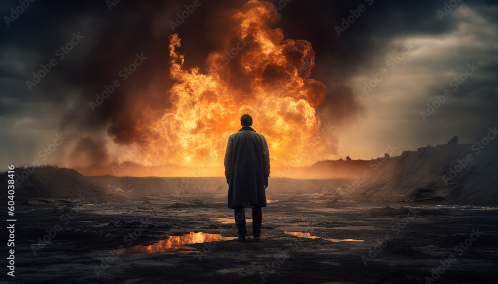 Standing businessman in fiery hell with God generated by AI