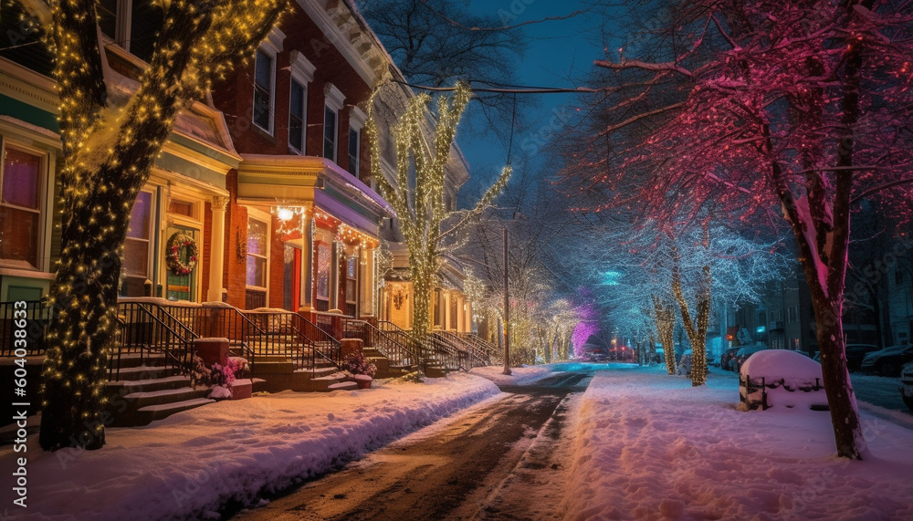 Illuminated city street, winter snow, nature decoration generated by AI