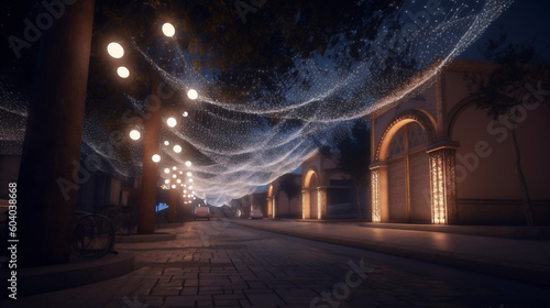 Evening view of deserted street scene with fantastic festive lights photo