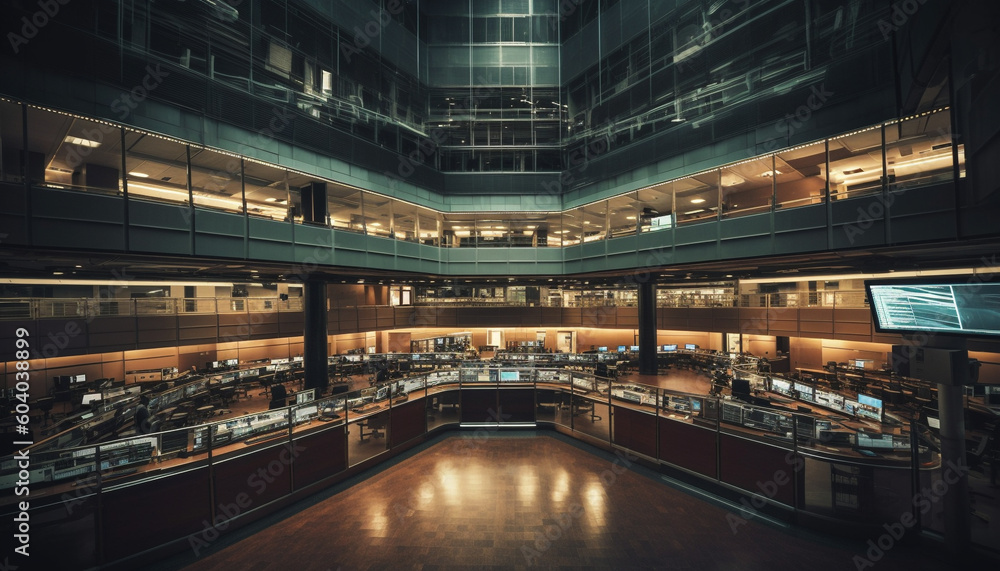 Futuristic office inside skyscraper, illuminated by steel lighting generated by AI Futuristic office inside skyscraper, illuminated by steel lighting generated by AI