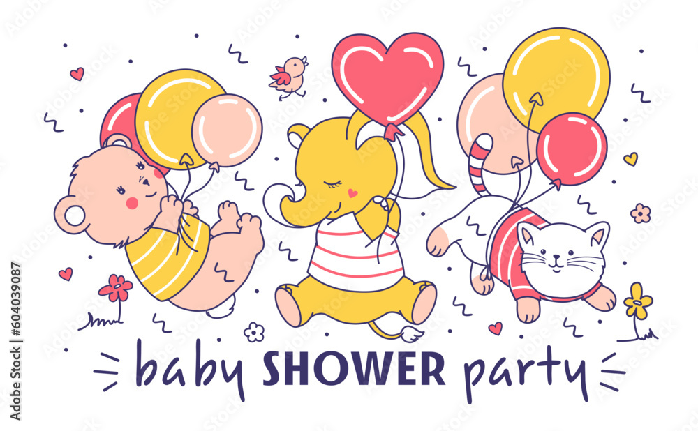 Funny baby shower concept with cute baby animals: bear cub, little elephant and kitten flying with balloons. Isolated cartoon print. characters. Used as vector decoration for kids Birthday party. Funny baby shower concept with cute baby animals: bear cub, little elephant and kitten flying with balloons. Isolated cartoon print. characters. Used as vector decoration for kids Birthday party.