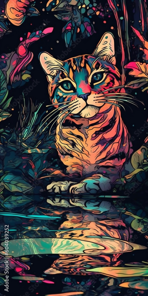 Close-up of a cute big cat, drawing style Close-up of a cute big cat, drawing style