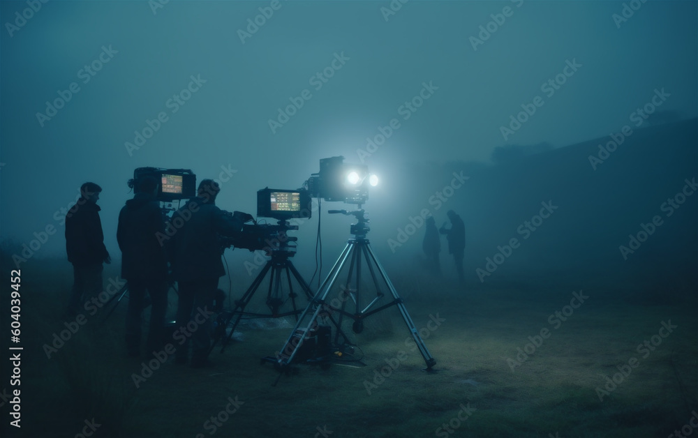 Film shooting scene outdoors, in a dark foggy field