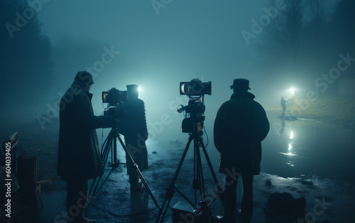 Film shooting scene outdoors, in a dark foggy field