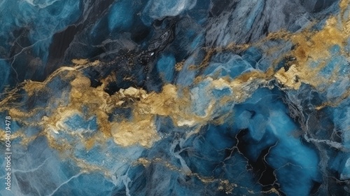 Gold and blue marble granite quartz stone textured background wallpaper. Generative AI