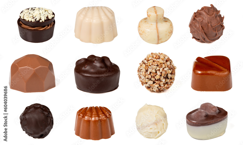 Truffle Chocolate Varieties. Chocolate assortment set isolated on white background