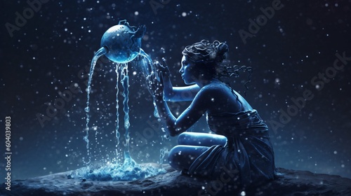 Aquarius Zodiac star sign wallpaper background illustration design, water girl, sky, Generative AI © Filip