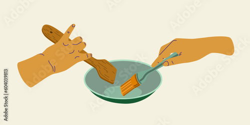 People hands cooking close up vector illustration. Palms using brush and spaula flat style drawing Isolated