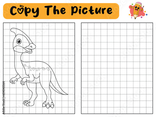 Copy the picture Dinosaur using grid lines. Coloring with drawing lesson.