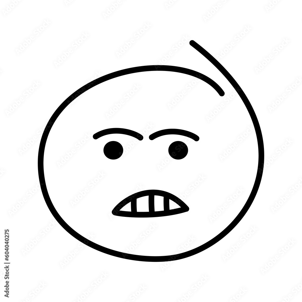 Black and white drawing of an angry emoticon with open eyes, eyebrows and an open toothy mouth Black and white drawing of an angry emoticon with open eyes, eyebrows and an open toothy mouth