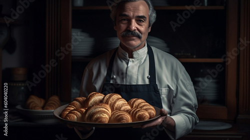 A portrait of a baker holding a tray of croissants in his hands, looking at the camera. .Generative AI