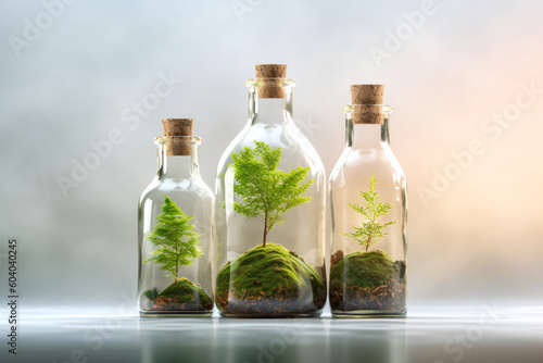 Nature's Captive Beauty: Embracing Sustainability and Artistry through Transparent Bottle Gardens, Enclosing Lush Trees in Harmonious Miniature Ecosystems