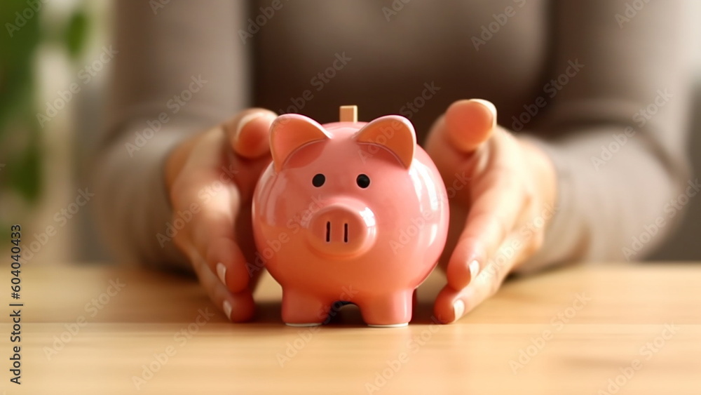 Woman holding a piggy bank for saving money and financial concept with Generative AI. Woman holding a piggy bank for saving money and financial concept with Generative AI.