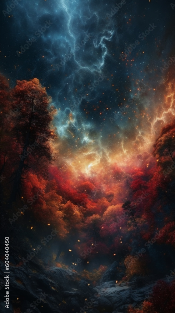 Closeup dreamy blue-red toned nebula sky